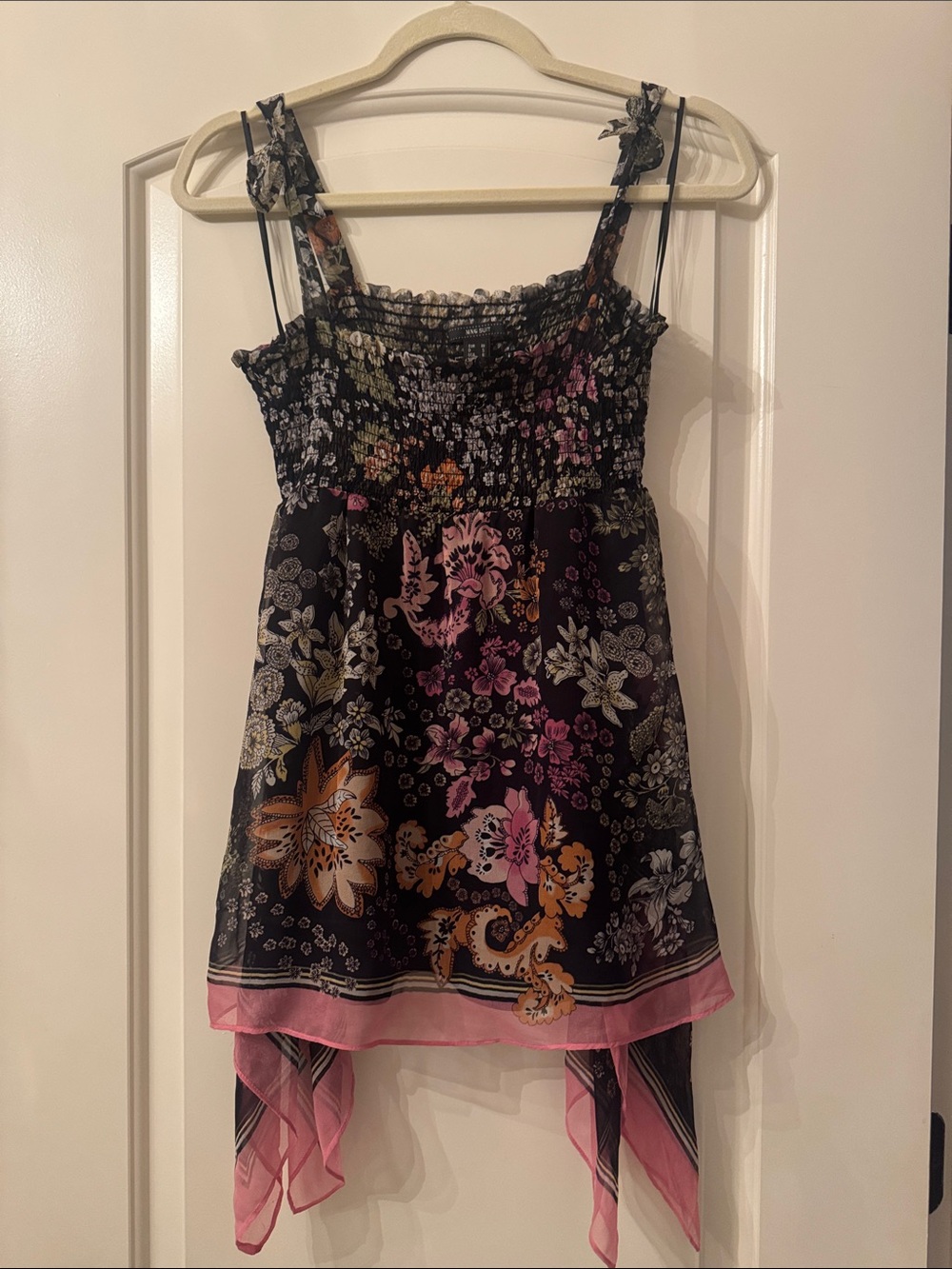 Black Floral Handkerchief-Hem Camisole with Pink & Tan Accents